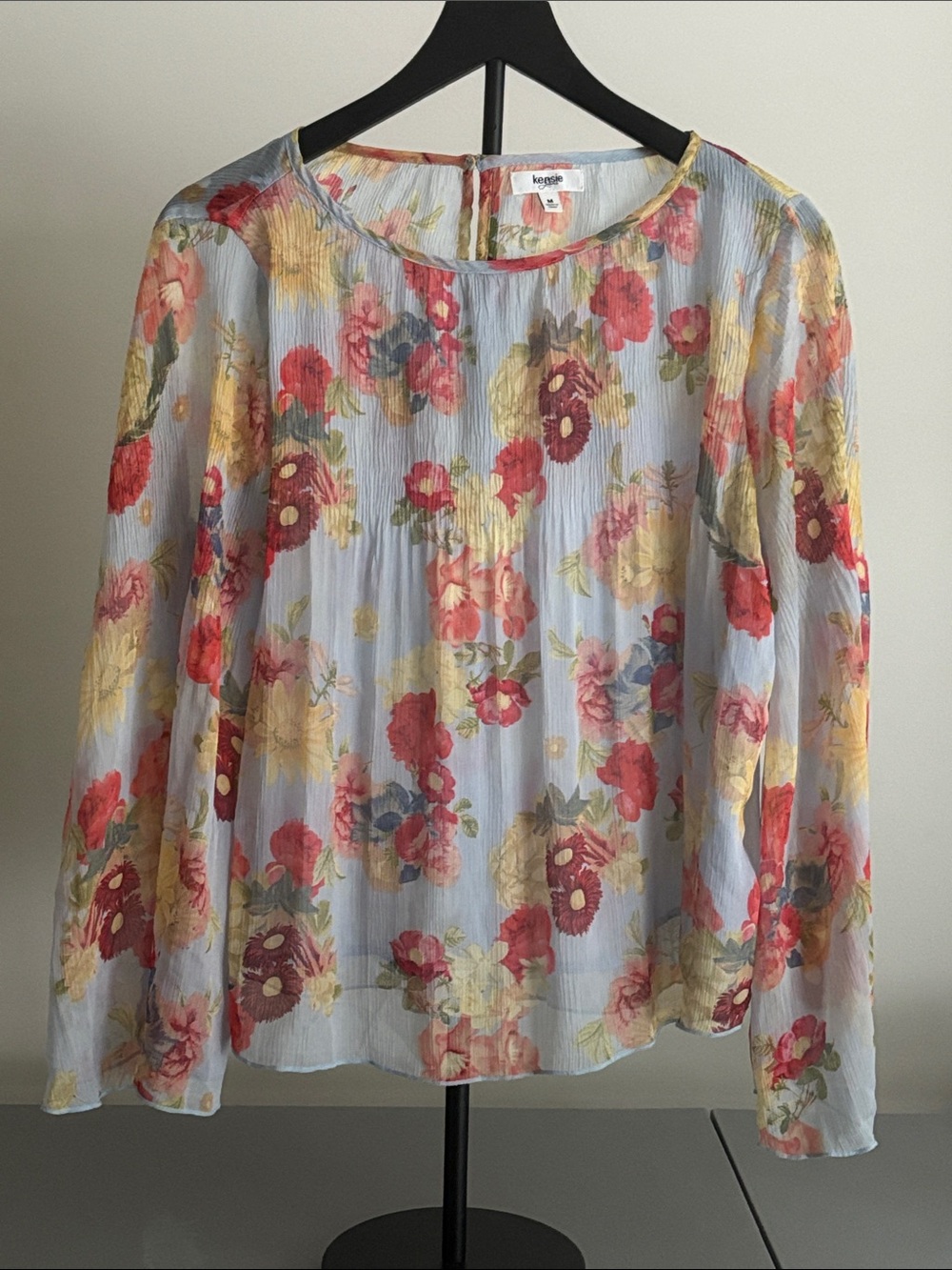 Kensie Light Blue Sheer Floral Long-Sleeve Blouse
